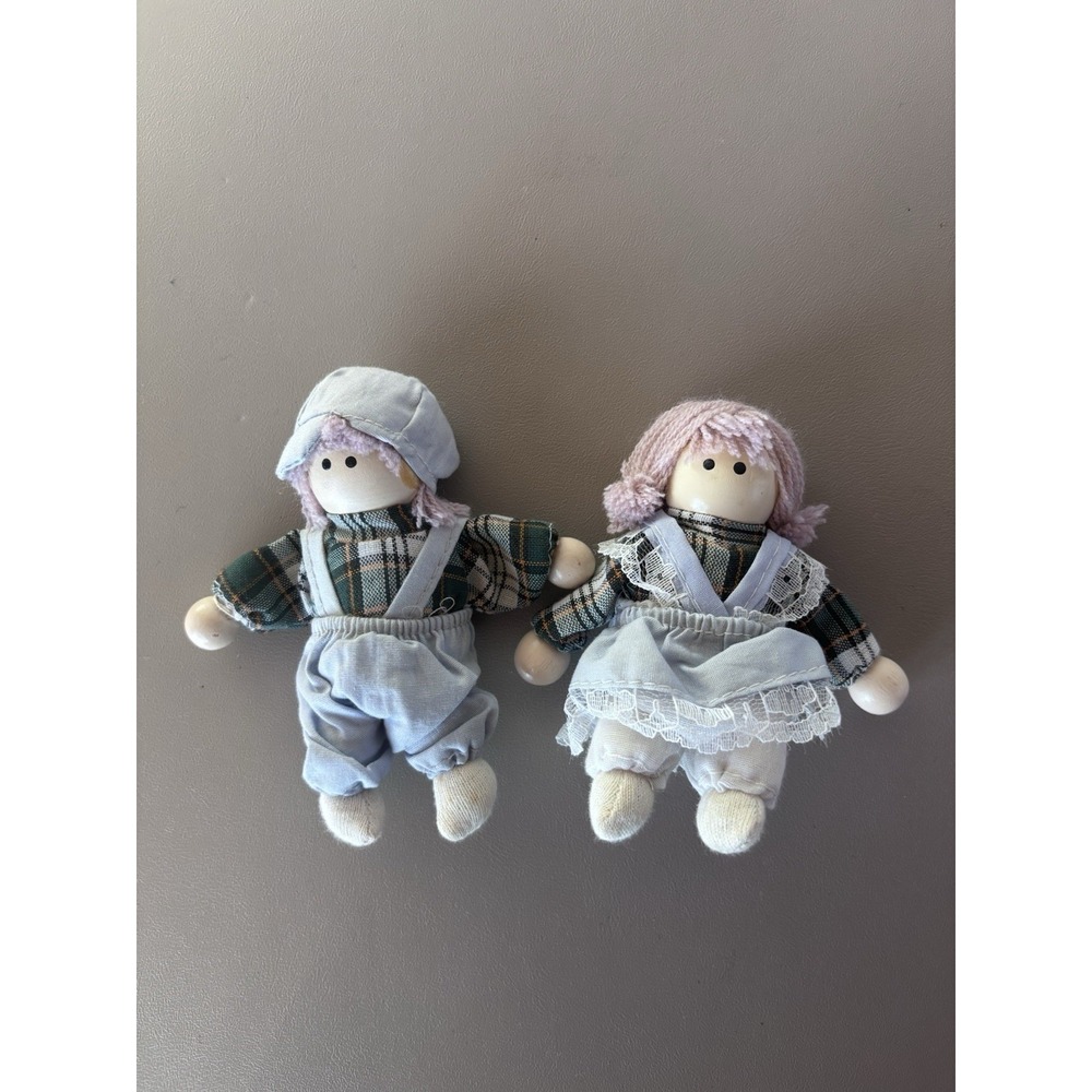 SET/2 Handmade Wooden Face Miniature Dolls 4" Filled Bodies Yarn Hair Girl Boy
